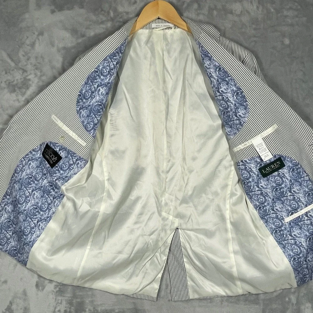 Lauren Ralph Lauren Mens 42R Seersucker Blazer Blue White Striped Cotton Jacket